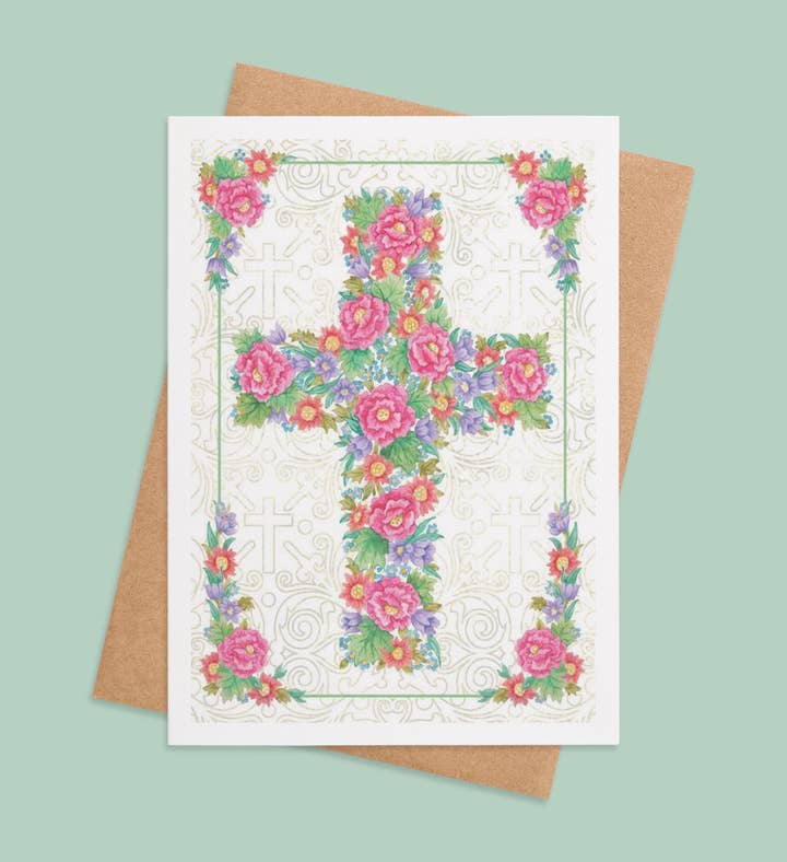 Floral Cross Of Blessings Easter Greeting Card Image